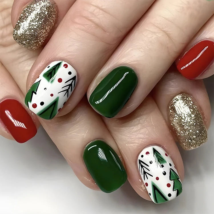 Christmas false nails with festive hat, striped, and snowflake designs for holiday parties