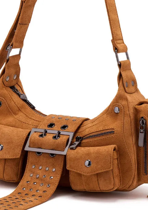 Simple Retro suede women's handbag in dark brown, square shape, zip closure, shoulder strap
