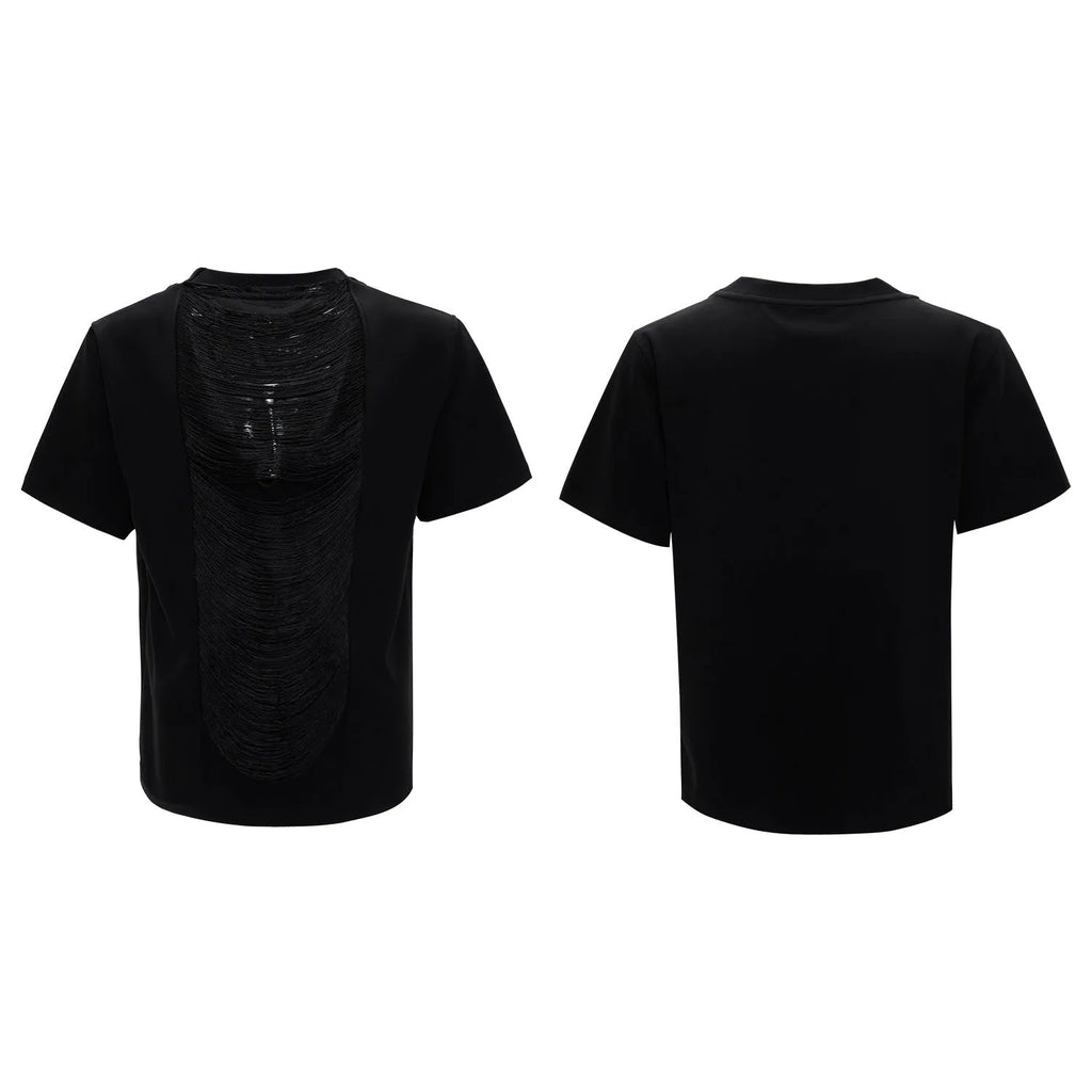 Men's black loose fit V-neck T-shirt with hollow out design and short sleeves