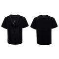 Men's black loose fit V-neck T-shirt with hollow out design and short sleeves