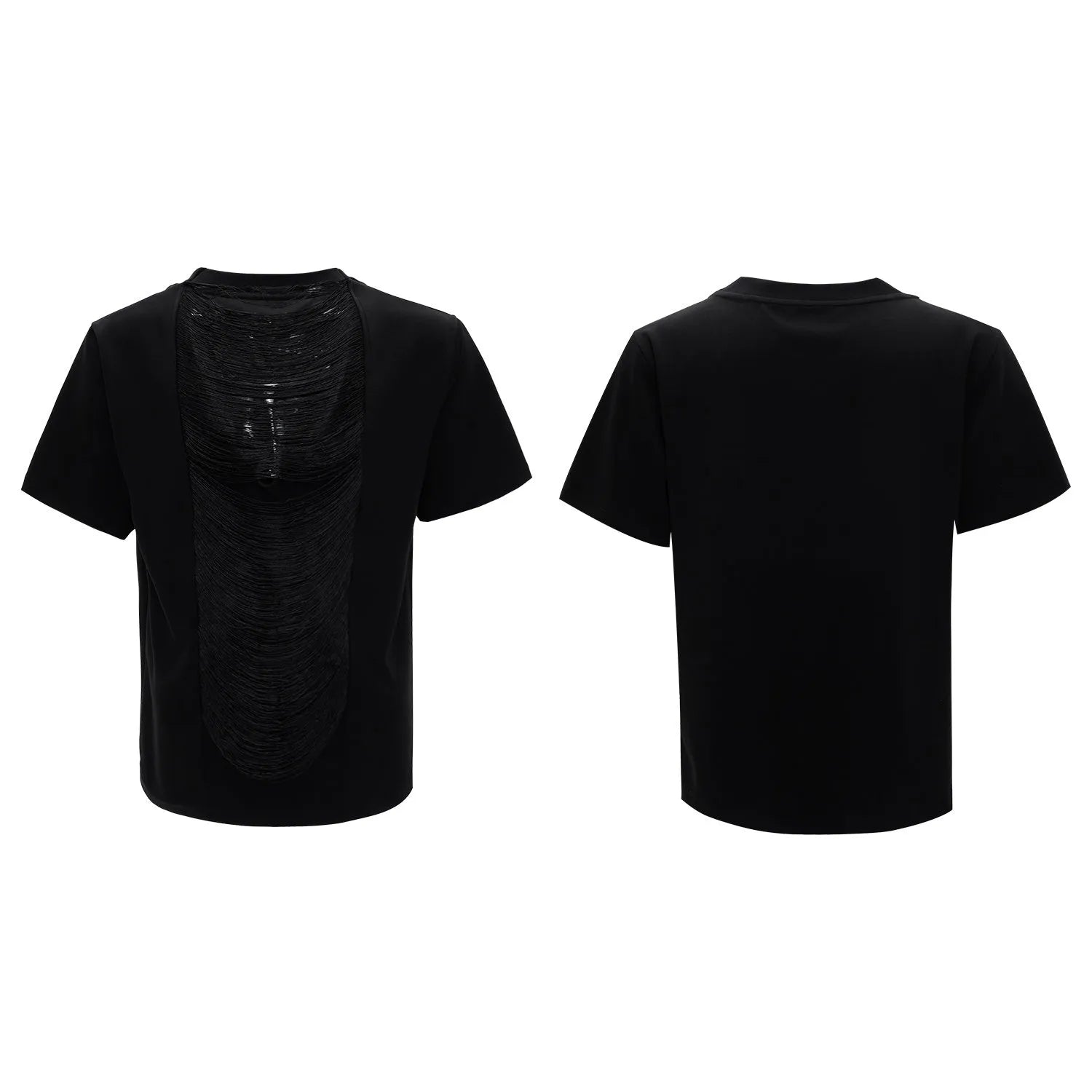 Men's black loose fit V-neck T-shirt with hollow out design and short sleeves
