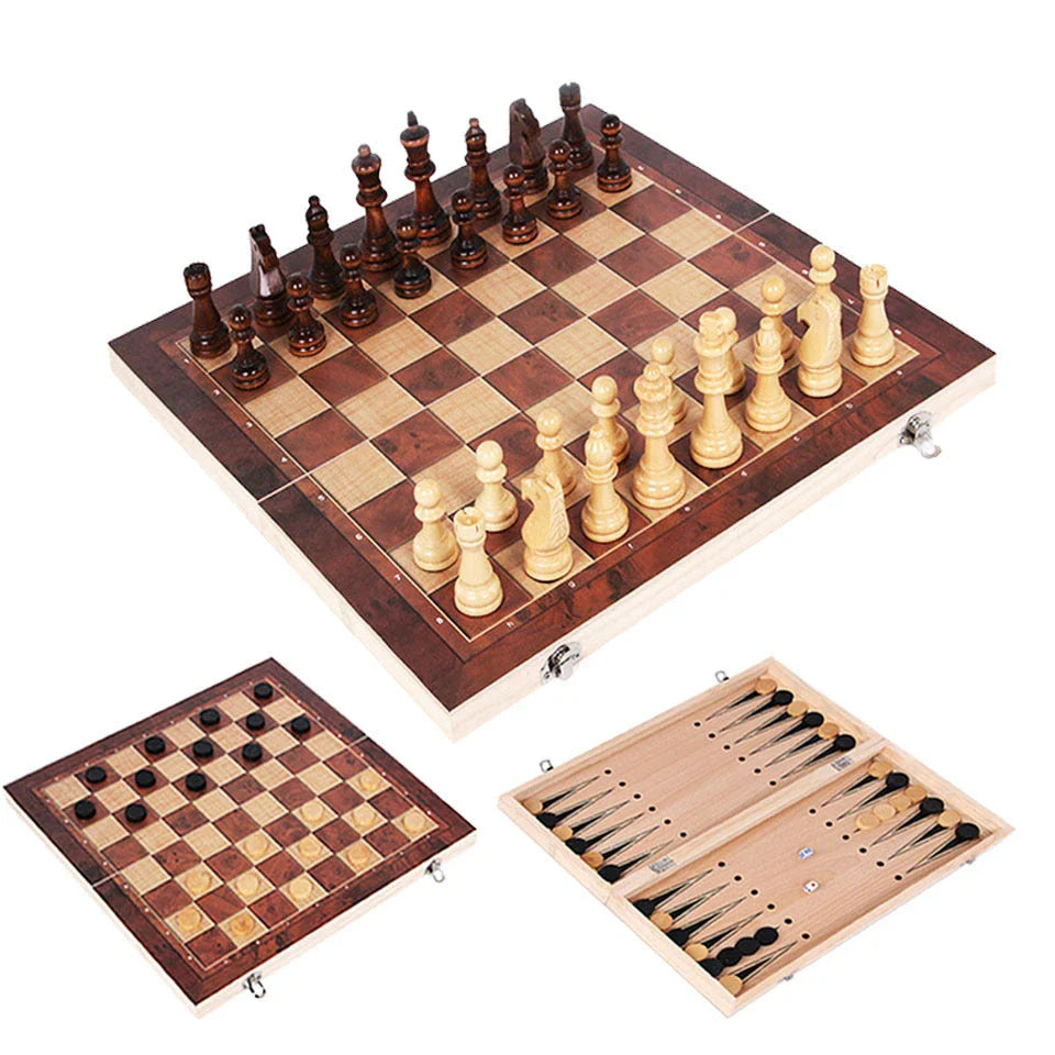 Premium 3-in-1 Chess, Checkers, and Backgammon game set made of high-quality timber, perfect for Kiwi families and friends