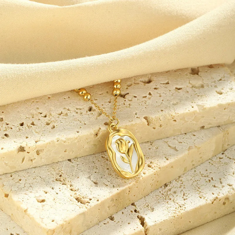 Simple rose white shell flower pendant necklace on regular chain for women, stainless steel with 18K electroplated finish