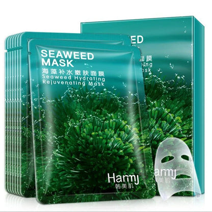 Aloe vera sheet mask on face showing 30g serum content and pre-cut eye and mouth openings