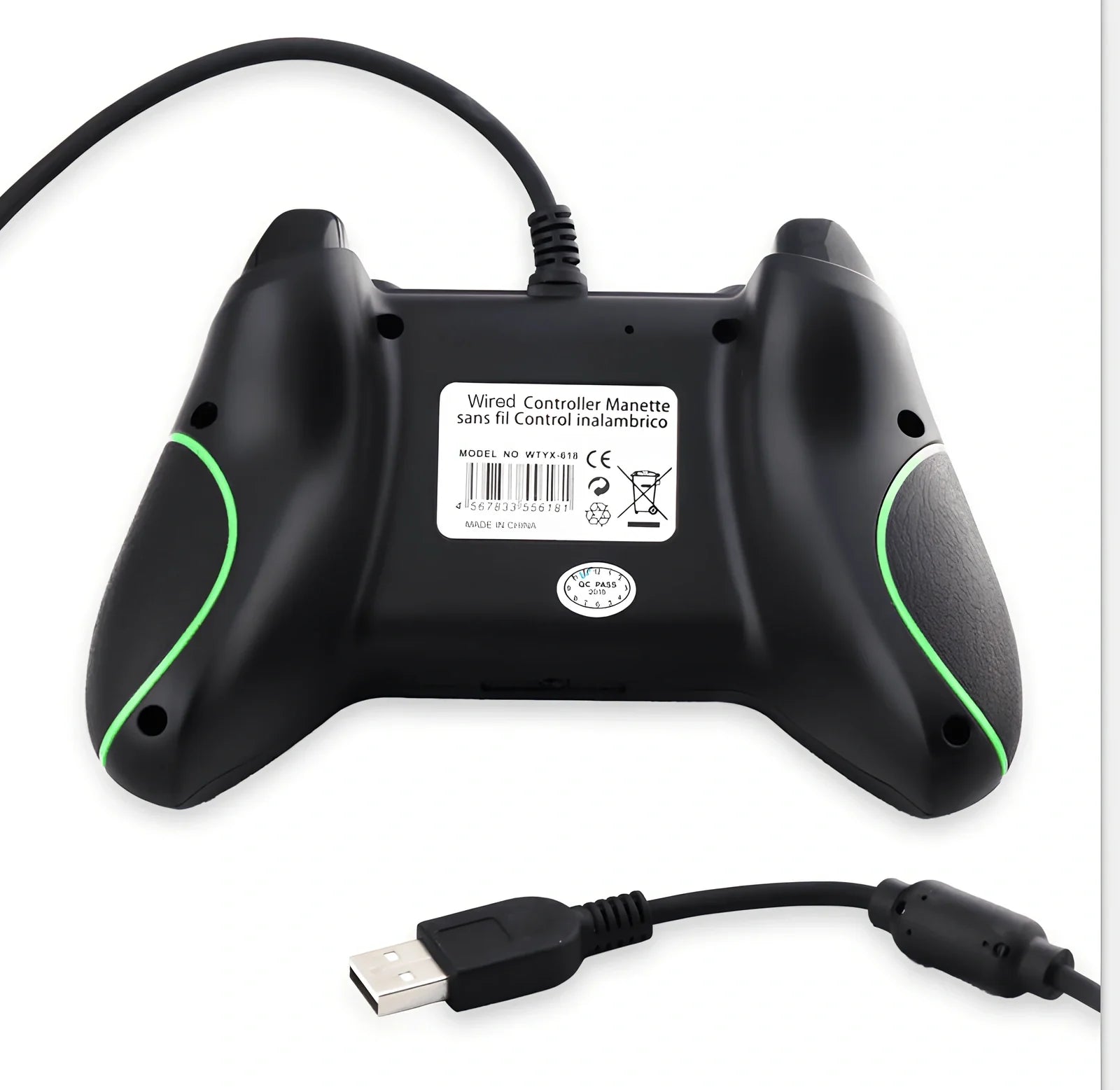 White Xbox One wired USB game controller with ergonomic grips and 2.5m cable on plain background
