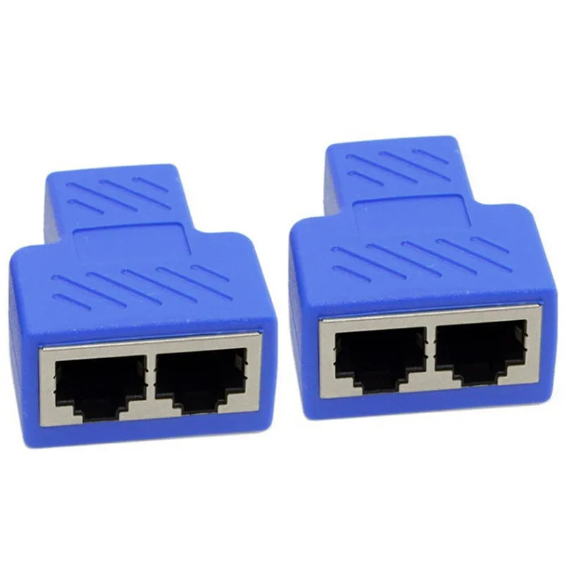 White RJ45 three-way network cable splitter adapter with one input and two output ports.