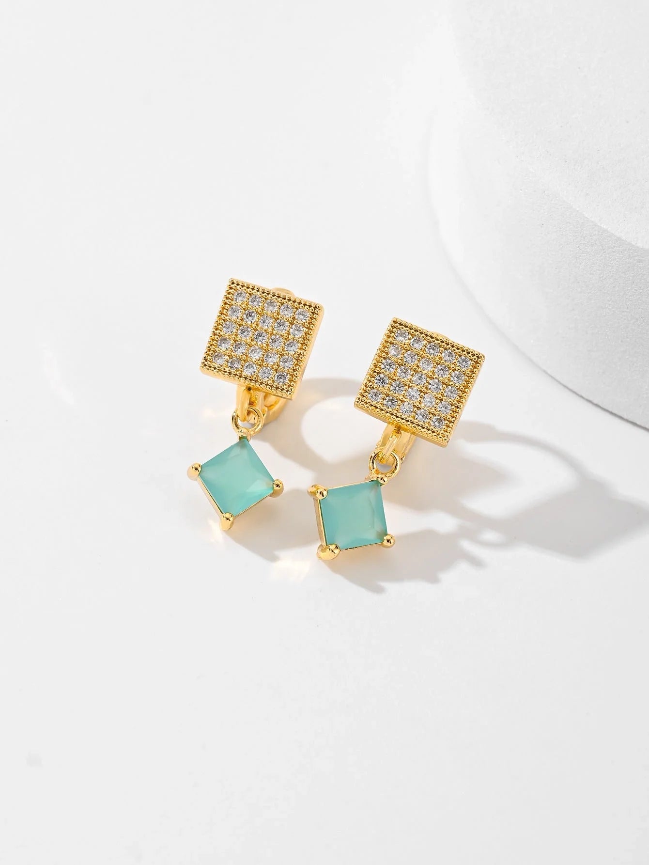 Square zircon stud earrings in six colours: black, red, green, white, champagne, and pink.