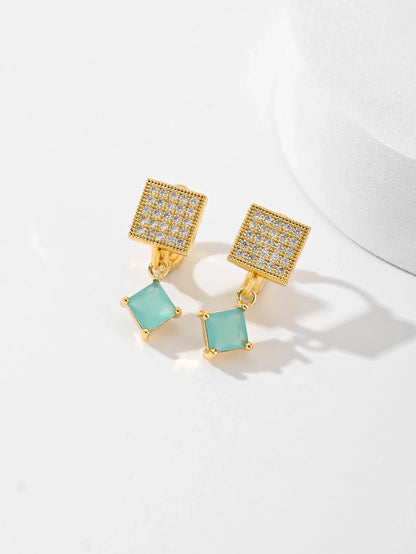 Square zircon stud earrings in six colours: black, red, green, white, champagne, and pink.