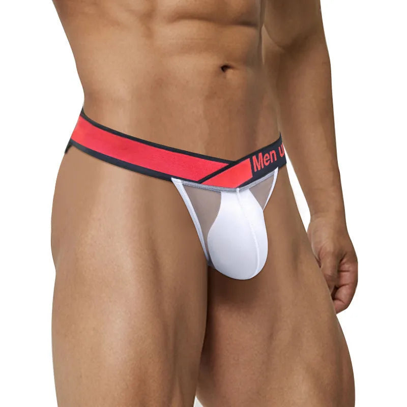 Men's transparent ice silk underwear with V gradient front design in black, red, and white colours
