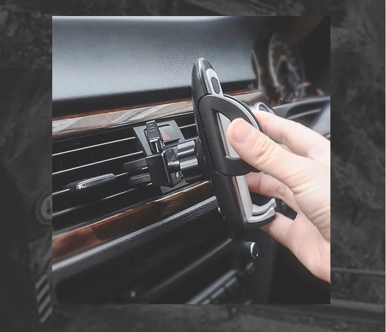 Black universal car air vent mobile phone holder with adjustable plastic clip mount