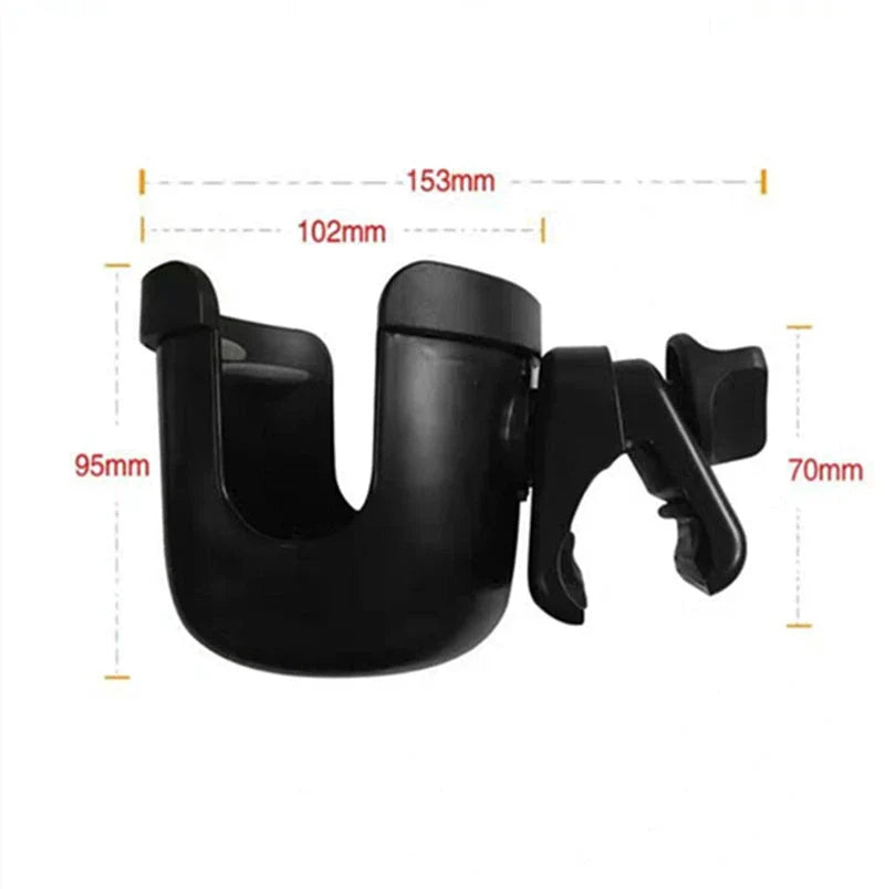 Universal baby stroller cup holder with phone pocket attached to a stroller
