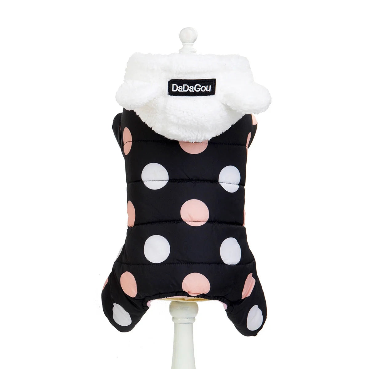 Big polka dot cotton coat with four-leg design in pink, black, and light yellow