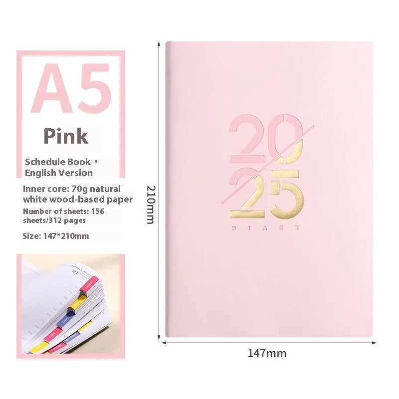 A5 2025 daily planner with soft faux leather cover in blue, green, pink, purple, or yellow.