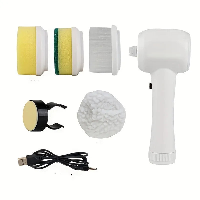 5 In 1 Multifunctional Electric Brush Cleaner in purple with five interchangeble heads for bathroom sink kitchen window cleaning