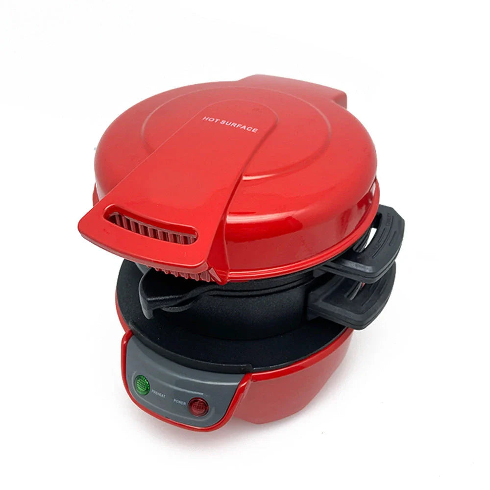 Versatile breakfast sandwich maker with egg cooker, bread machine, and waffle functions in bright red, orange, and silver gray colors