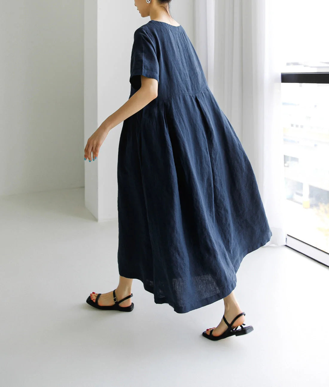 Loose cotton and linen pullover round neck dress in navy blue, army green, and apricot