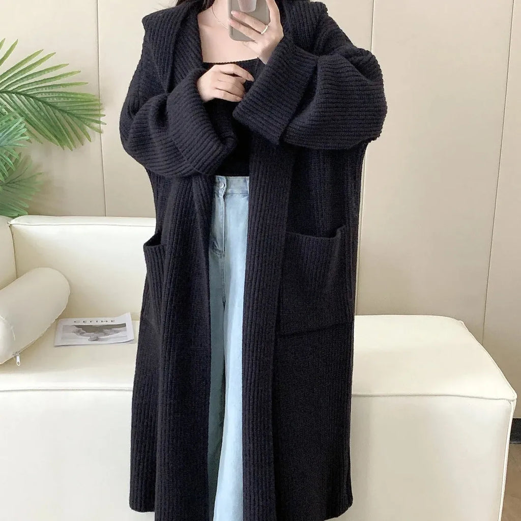 Loose hooded cardigan coat in extended 80cm length with raglan sleeves