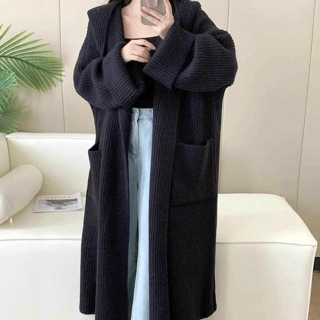 Loose hooded cardigan coat in extended 80cm length with raglan sleeves