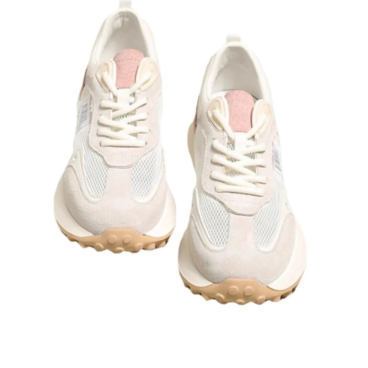 Women's low-top retro sneaker in grey or pink with round toe and rubber sole.