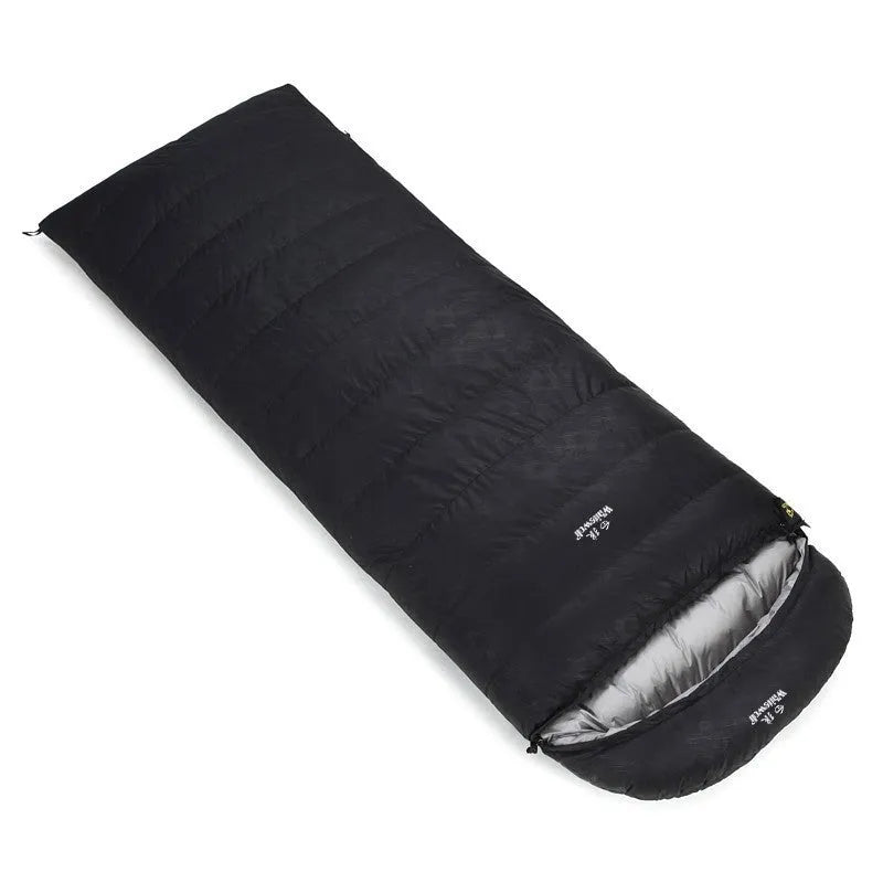 Black outdoor sleeping bag with goose down filling and durable nylon fabric.