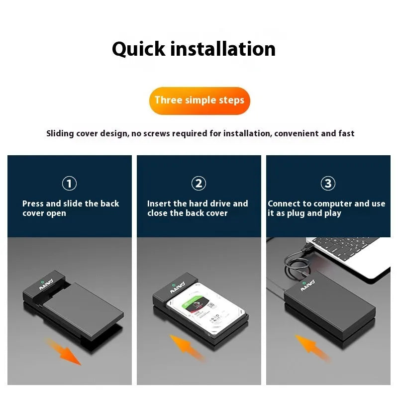 3.5 inch SATA hard disk enclosure with USB 3.0 port, sliding cover, and included power supply and cable.