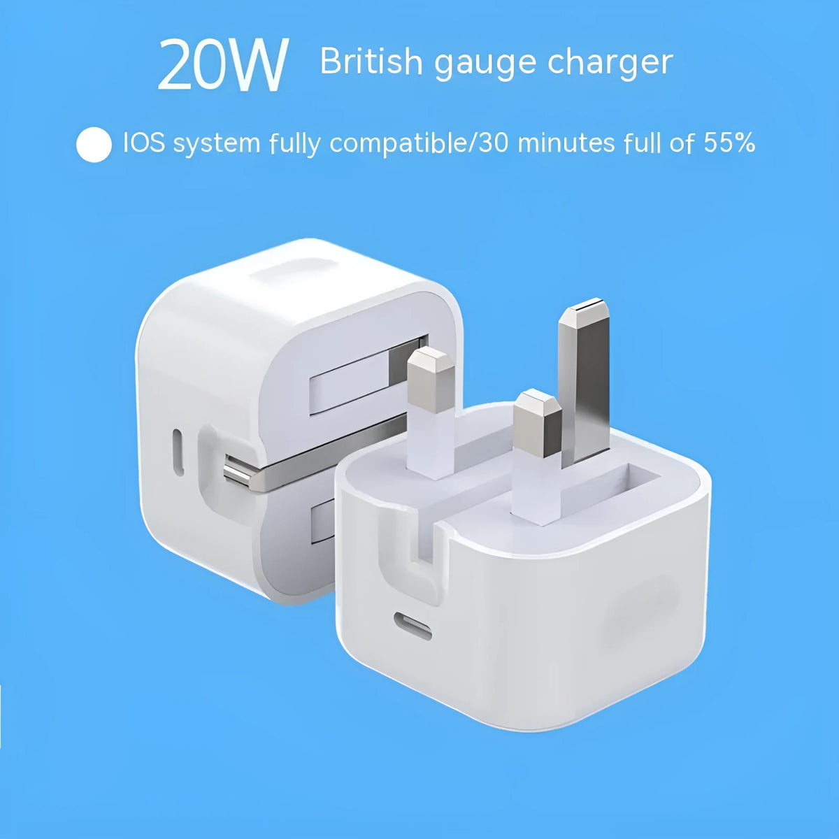 White British Standard 20W PD fast charger with Type-C cable for UK wall sockets