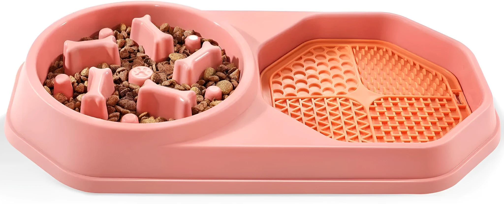 Blue slow feeder dog bowl with maze pattern for anti-gulping, non-slip base, on a wooden floor.