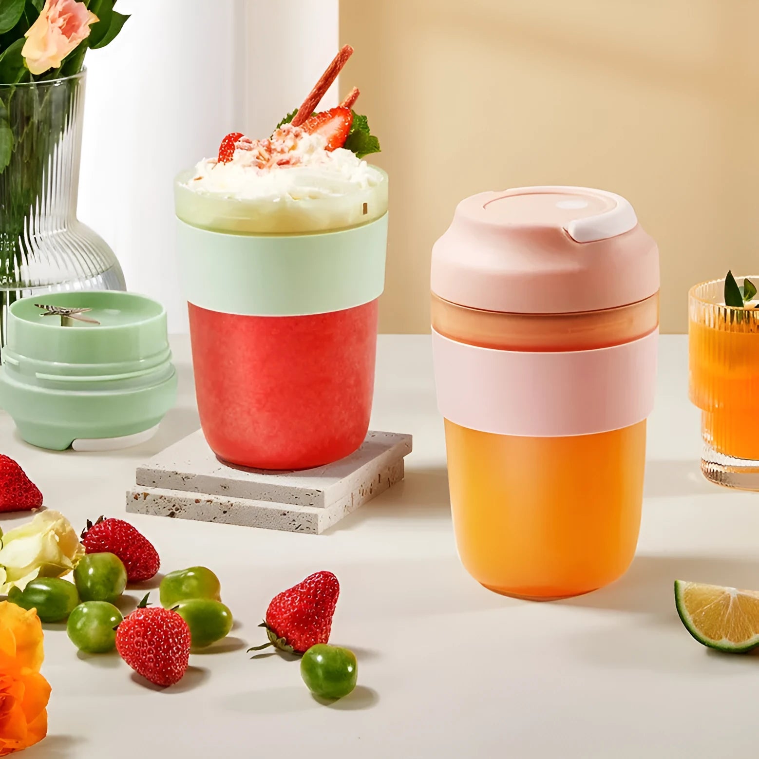 Grape purple portable blender cup with four stainless steel blades and USB charging cable.