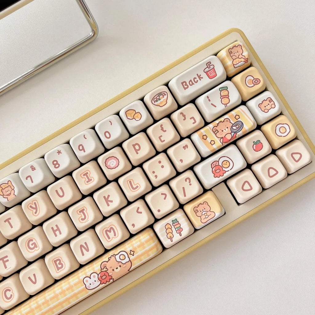 Rabbit Bear Restaurant themed PBT plastic keycap set with 140 pieces for mechanical keyboards, shown in EOA height profile.
