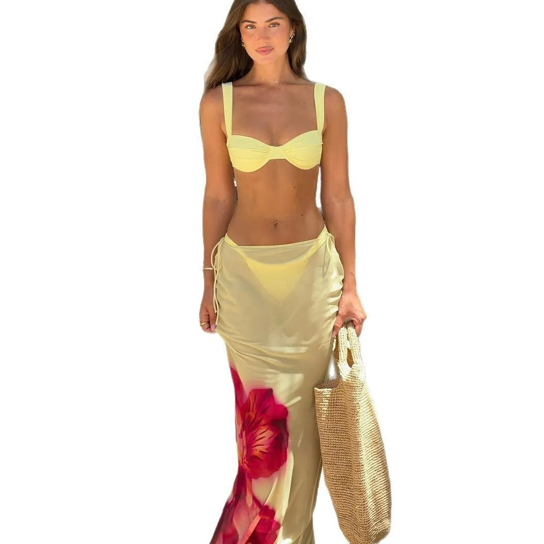 Three-piece women's bikini set in yellow print with split design, nylon fabric, and spandex lining, sizes S, M, L