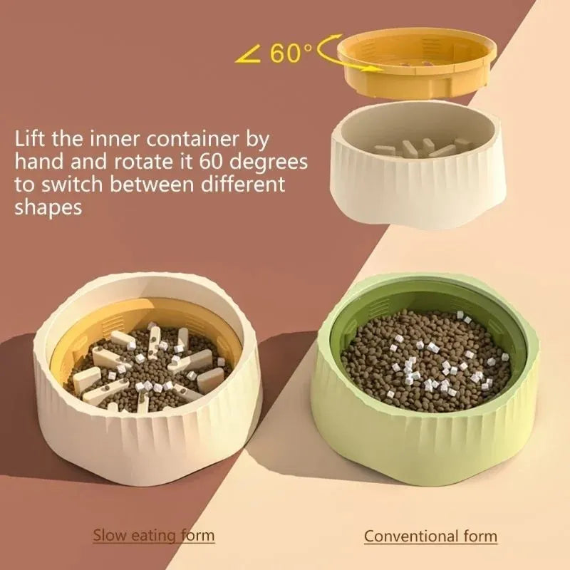 Detachable slow feed pet bowl with internal obstacles in blue, green, pink, or white colours