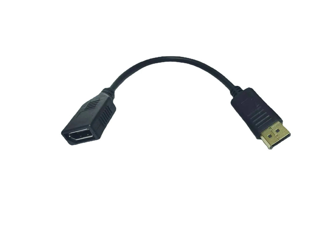 Black DisplayPort male to female extension cable with rotating busbar, approximately 10cm long