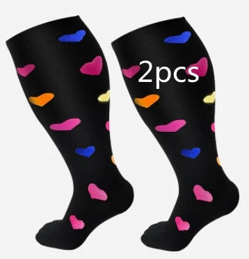 Plus-size compression socks in various stylish patterns for improved leg health and comfort