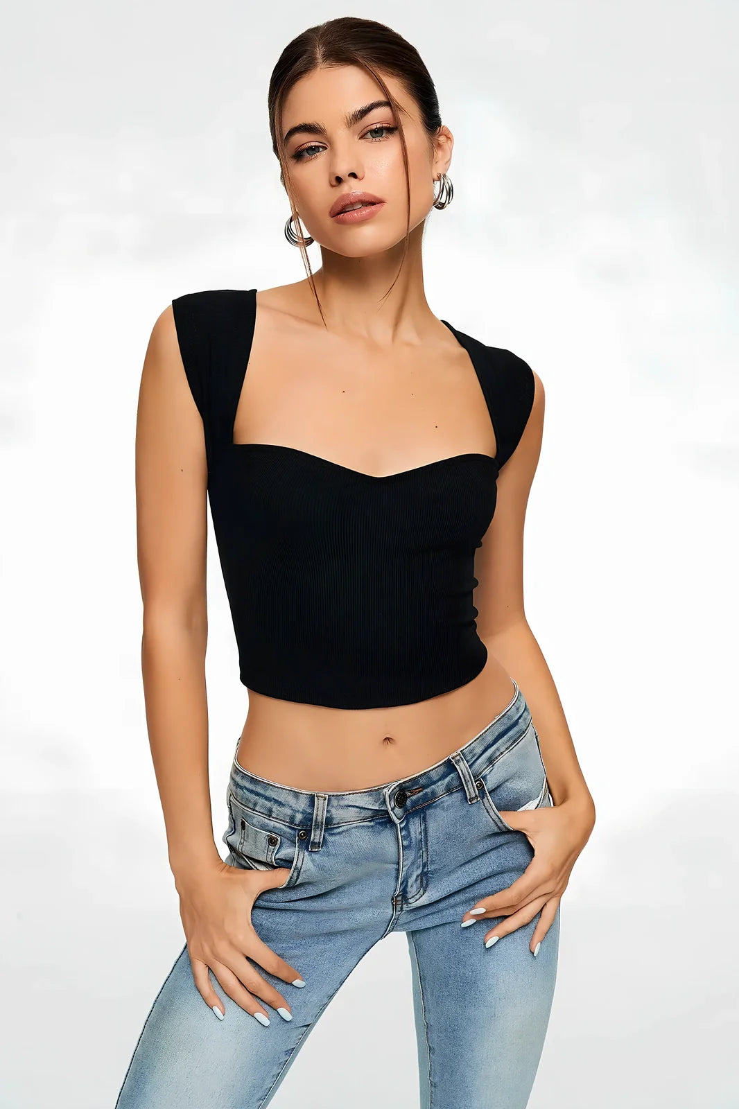 Black ribbed sleeveless crop top with sweetheart neckline, 90% polyester 10% spandex, sizes XS-XL