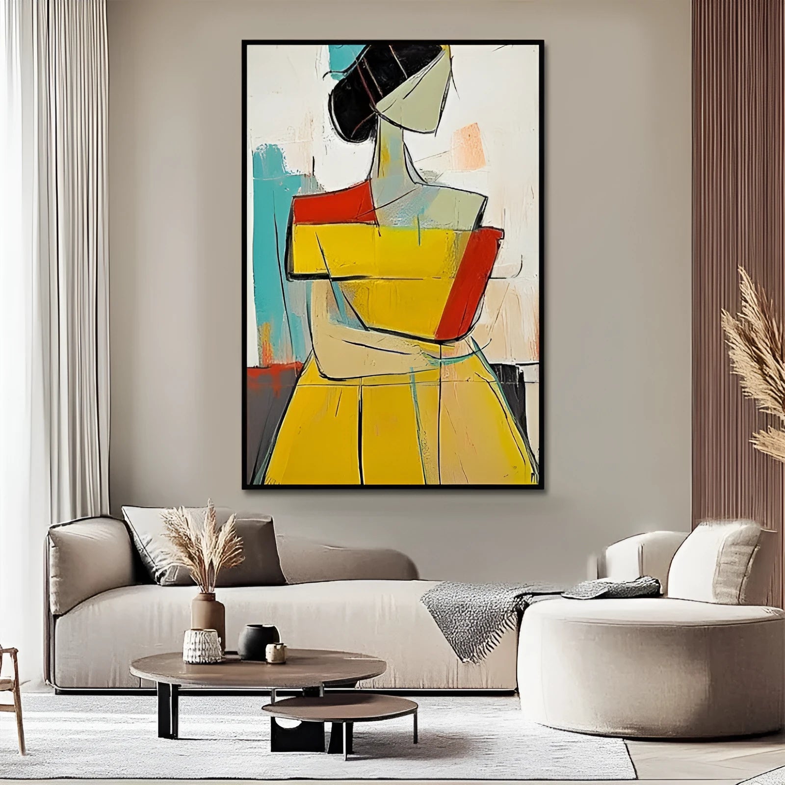 Hand-painted abstract oil painting of people in brown and yellow with vertical canvas and wabi sabi texture