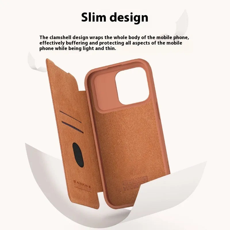 Black imitation leather flip phone case for iPhone Pro models shown open.