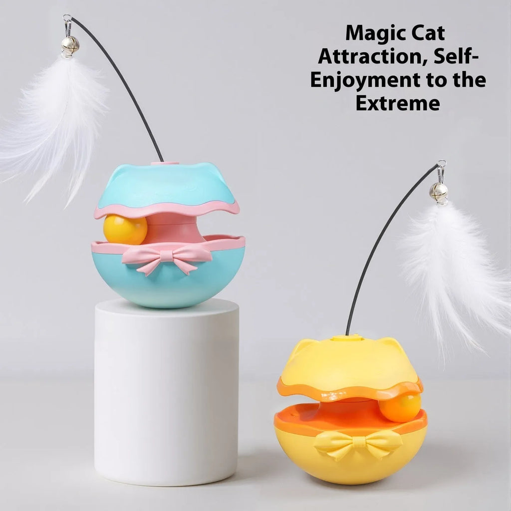 Electric self-rolling cat teaser toy in lemon yellow on a plain background.
