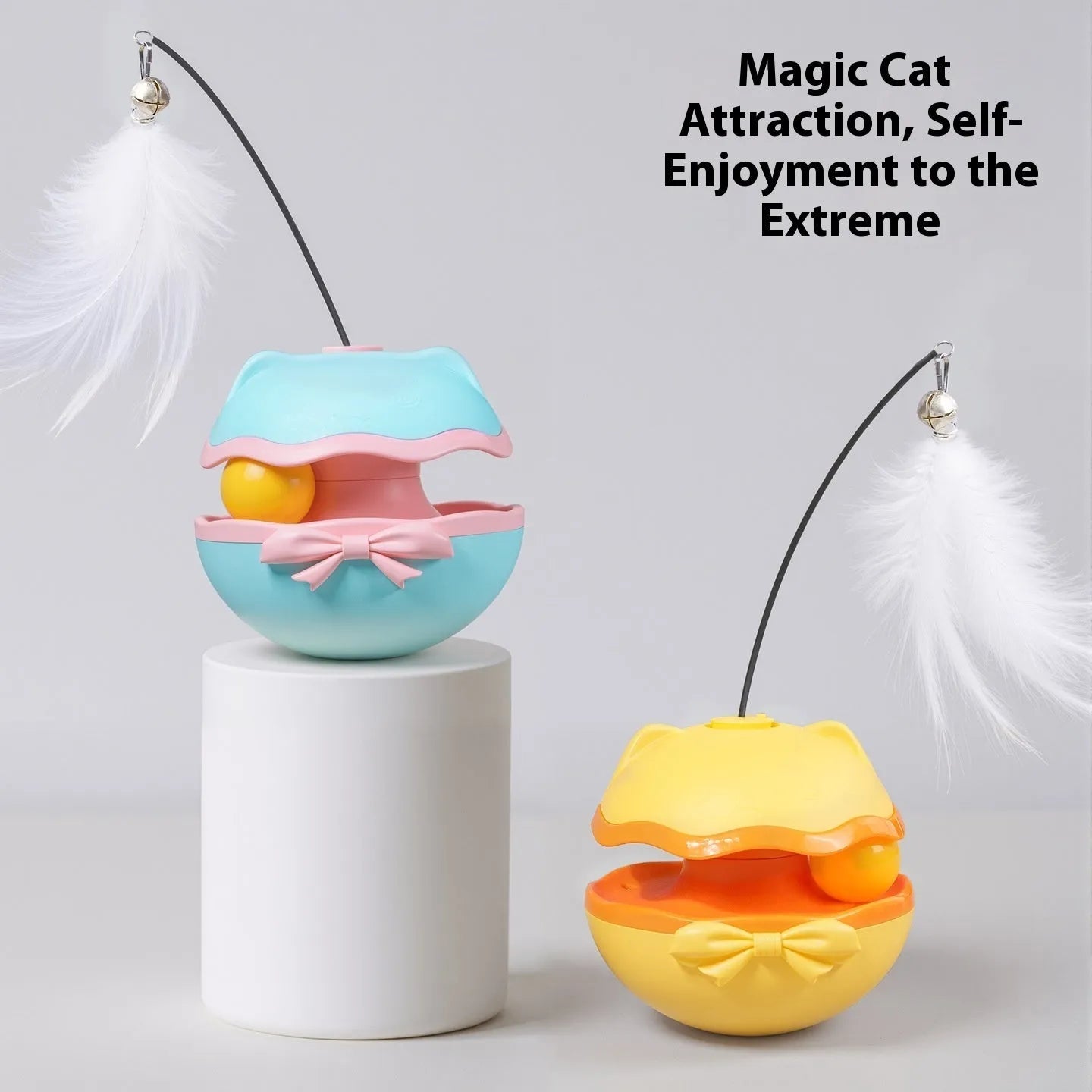 Electric self-rolling cat teaser toy in lemon yellow on a plain background.