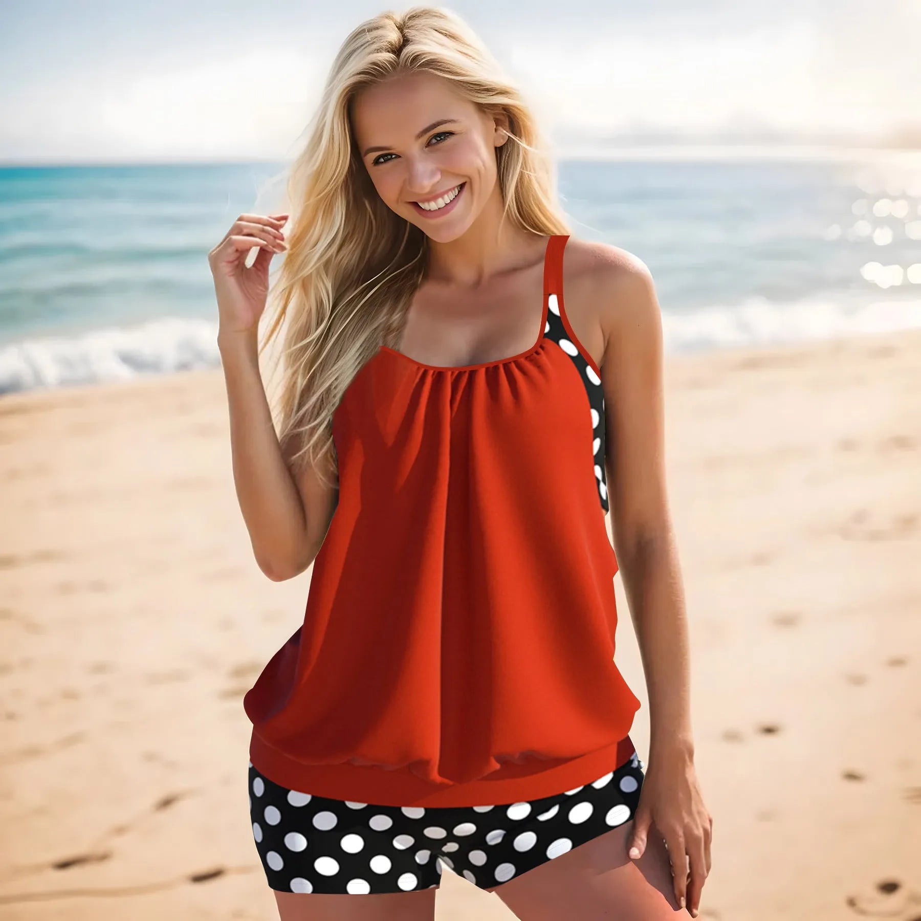 Women's high-waisted polka dot boxer swimsuit in black, available in sizes S to 5XL.