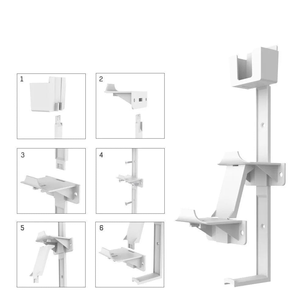 White and black wall-mounted plastic storage hook for gaming remote controls and headsets.