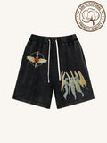 Men's vintage washed loose drawstring shorts in 100% cotton, black colour, front view