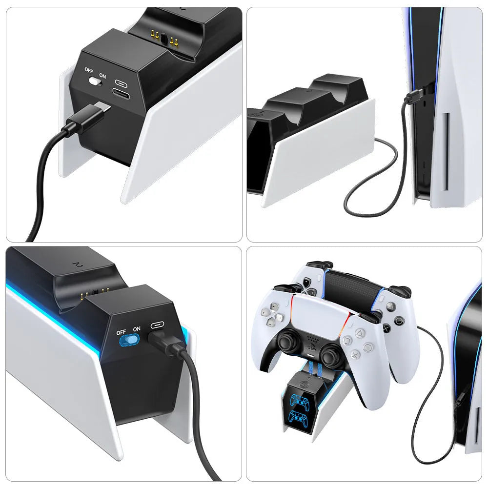 White PS5 wireless Bluetooth handle charger with LED indicator and RGB lighting on a desk