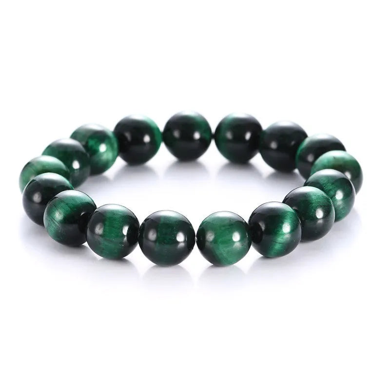 Green tiger eye stone geometric bead bracelet shown in different size options on a wrist.