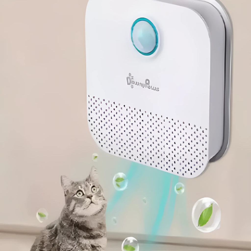 White DownyPaws smart cat odor purifier measuring 9.2x9.2x4 cm with USB charging port