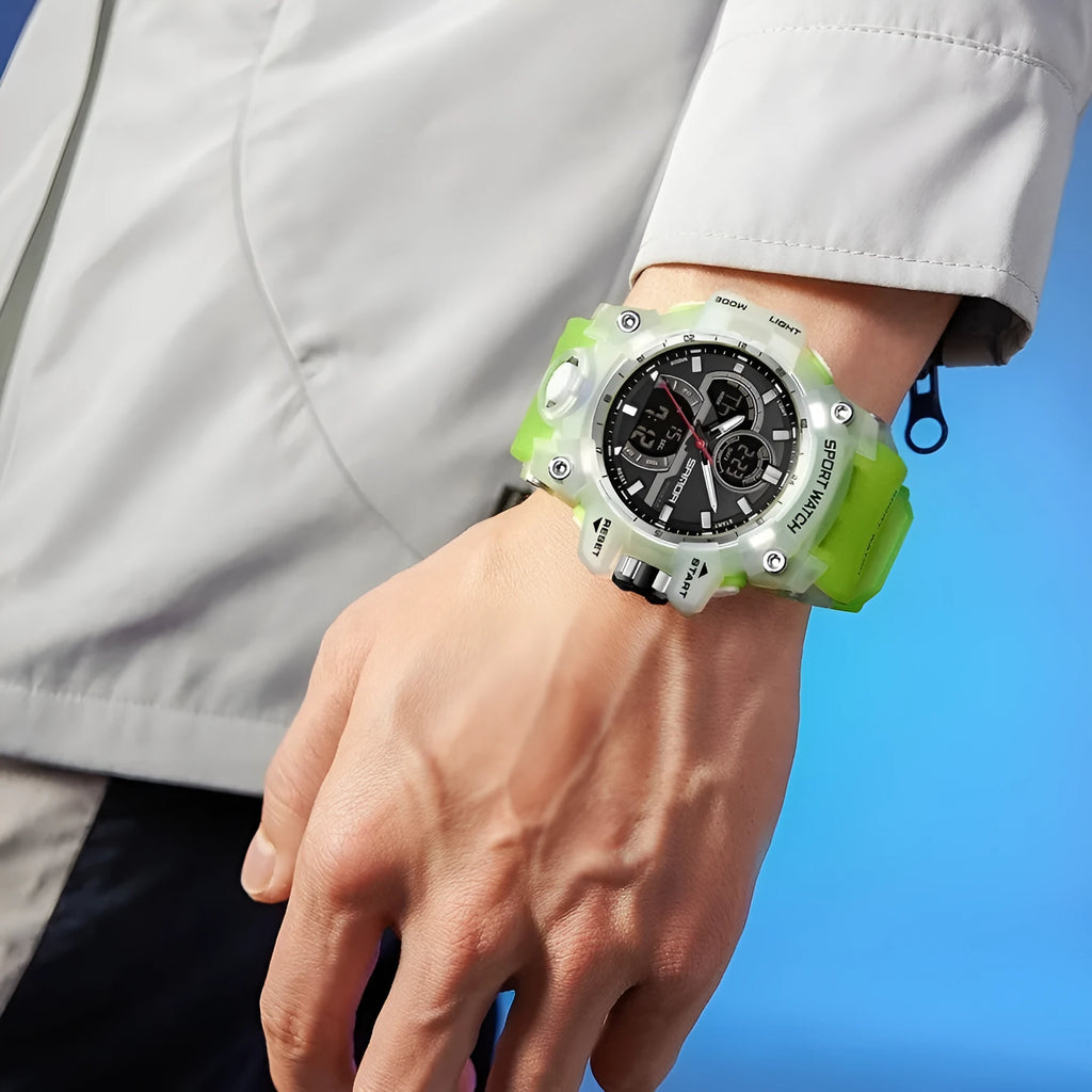 Dried Shrimp sports waterproof electronic watch in black with ABS case and TPU strap