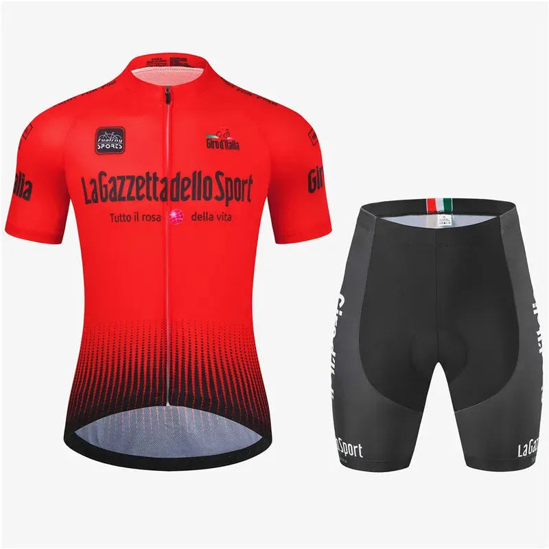 Unisex short sleeve cycling suit in breathable polyester for road biking, shown in a colour option.