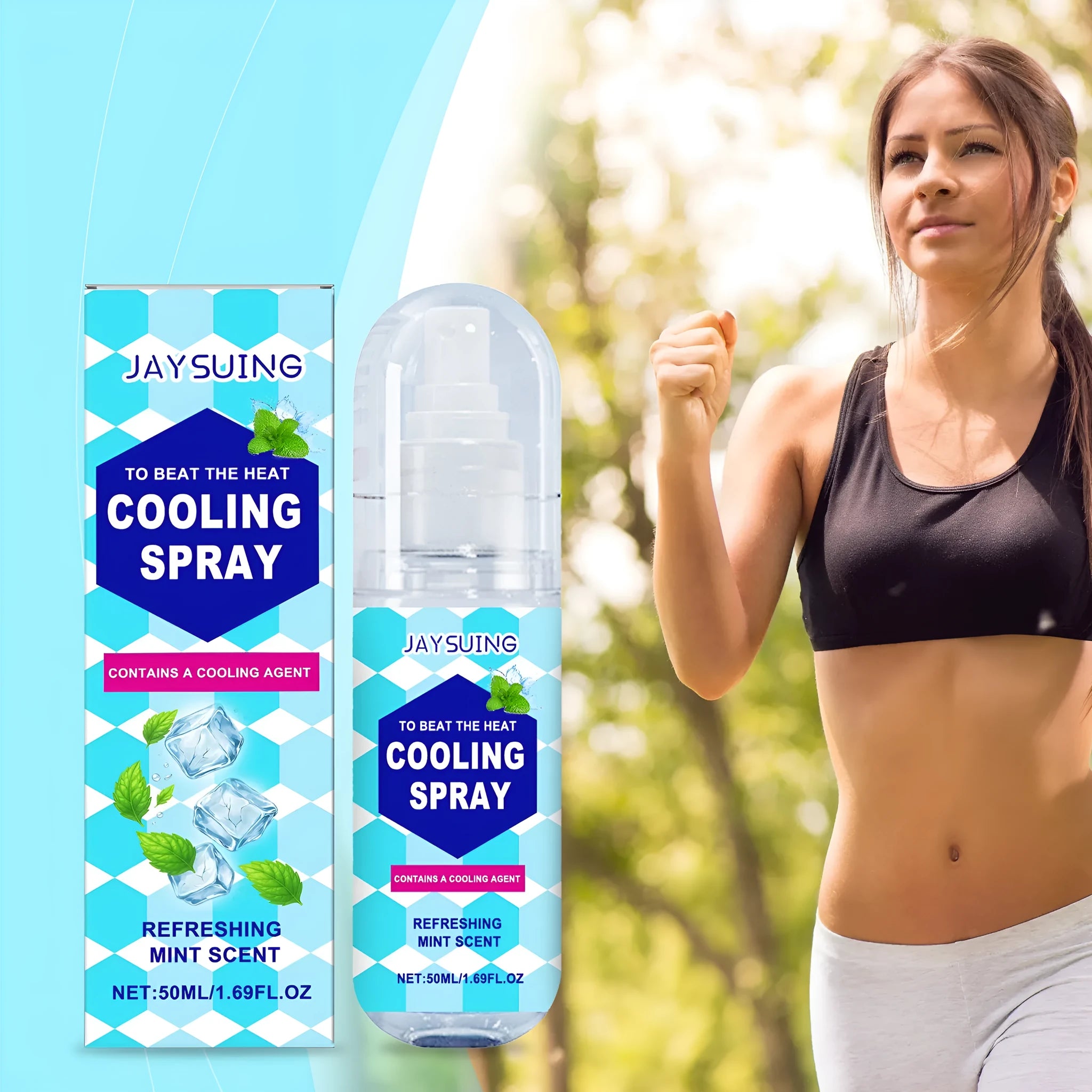 50ml portable cooling spray bottle for summer outdoor use with mint extract.