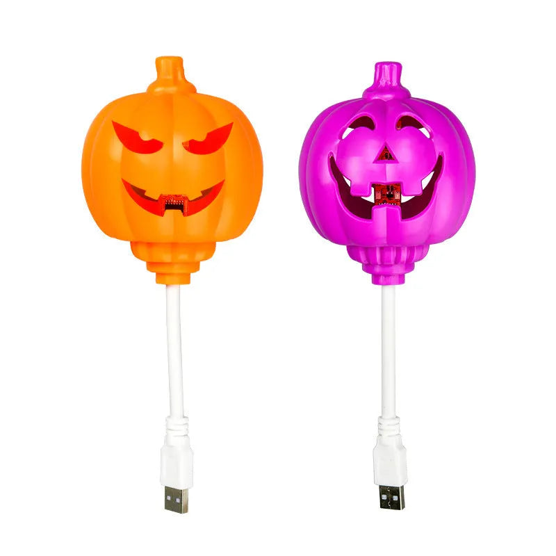 USB-powered pumpkin decorative lamp showing purple or yellow light options