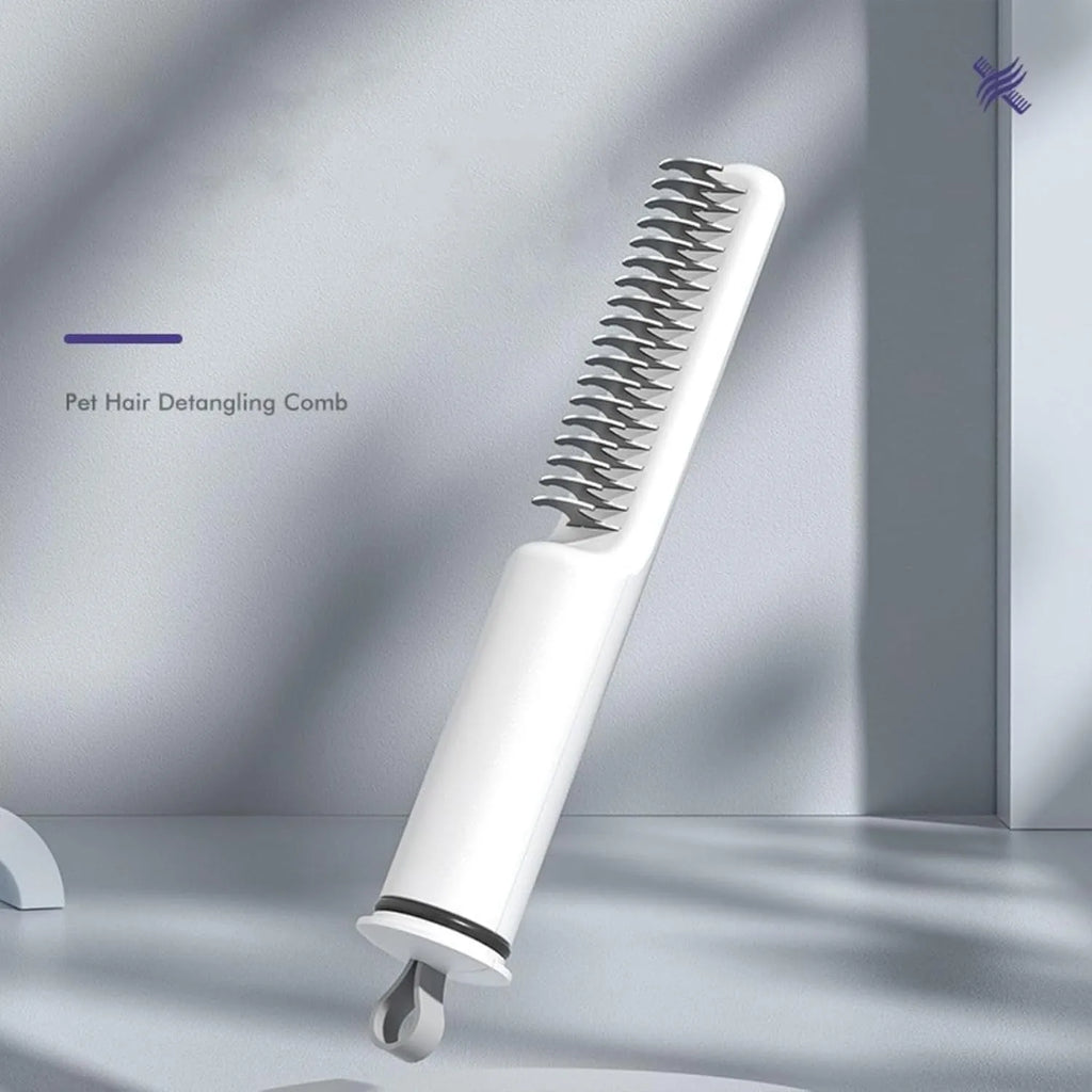 Stainless steel dog dematting comb with ergonomic handle on a pink background