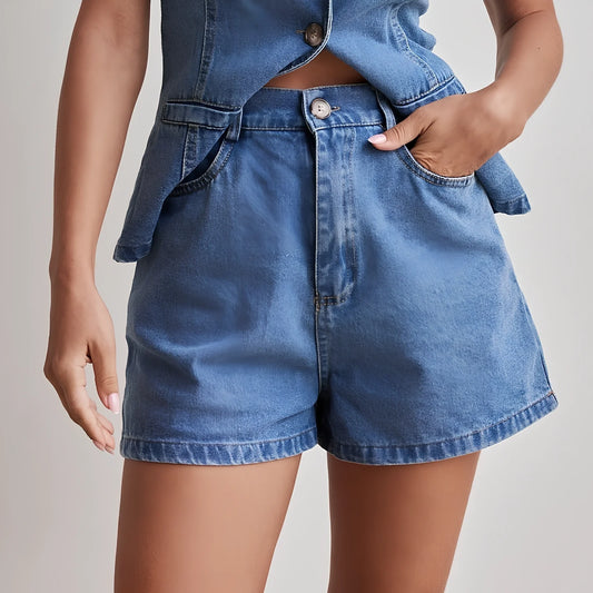 Sleeveless women's denim shorts suit in solid blue, sizes S-XXL with bust 82-104cm measurements